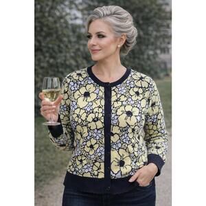 Charter Club Cardigan Sweater Womens Large Yellow Floral Button Front Knit Top